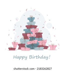 Set Of Holiday Gift Boxes And Lettering Happy Birthday On White Background. Holiday Streamers And Confetti. Illustration Can Be Used For Holiday Design, Posters, Cards, Banners And Clothing Design