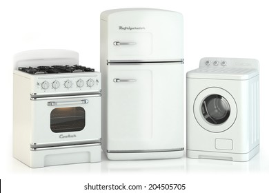 Set of home retro appliances isolated on white background