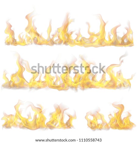 Set of horizontal fire flame on white background