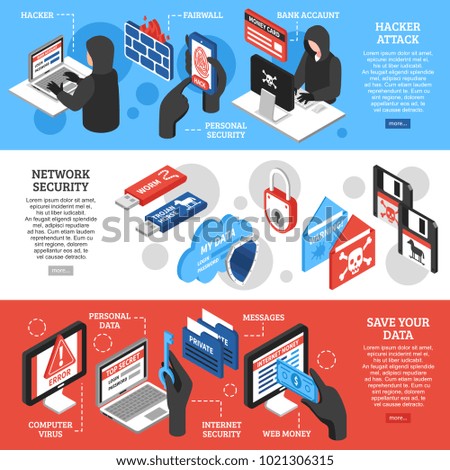 Set of horizontal isometric banners with hacker attacks network security and personal data protection isolated  illustration