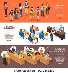 Set of horizontal isometric banners with students in school classroom and in university auditorium isolated  illustration