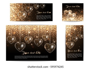 A set horizontal and vertical banners in a romantic style with hearts and light effects