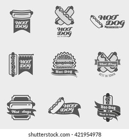 Set of Hot dog logo, labels templates or design elements. illustration. 9 logos with hot dogs. Vintage design elements, logos, badges, label, icons and objects. 