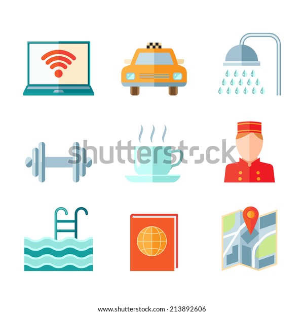 Set of hotel computer car taxi shower gym\
icons in flat color style \
illustration
