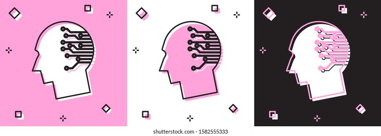 Set Human Brain As Digital Circuit Board Icon Isolated On Pink And White, Black Background. Artificial Intelligence. Human Head Outline With Circuit Lines Inside.  