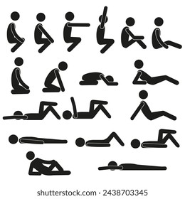  A set of human figures in different poses, lying on the floor, squatting, sitting in different poses. Pictogram of human figures. Flat illustration of a healthy lifestyle