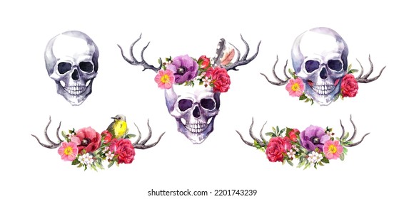 Set human skull and horns deer  flowers in vintage boho style  Floral dead head  blooming plants  animal horn collection  Watercolor clip art for Halloween  Dia de los Muertos  Death day design
