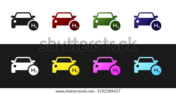 Set Hydrogen car icon isolated on black and\
white background. H2 station sign. Hydrogen fuel cell car eco\
environment friendly zero emission.\
