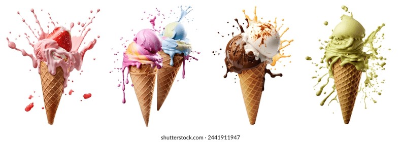 Set of Ice cream scoop on waffle cone flying splash explosion with sprinkles cream topping frosting on white background cutout file. Many assorted different. Mockup template for artwork