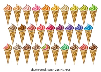 Set Of Ice Creams Cones, 29 Cut Out Illustration Of Delicious Icecreams On White Background, Collection Of Tasty Frozen Ice Creams In Waffle Cones With Milky Ingredients For Fast Food Cafe Menu