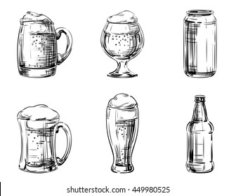 Set Of Icons Beer In Glass Mugs, Bottle, Cup, Jar, Cans Of Different Shapes. Hand Drawing Graphic Strokes And Lines Objects For Oktoberfest Beer Festival Or Menu The Restaurant, Pub, Bistro, Snack Bar