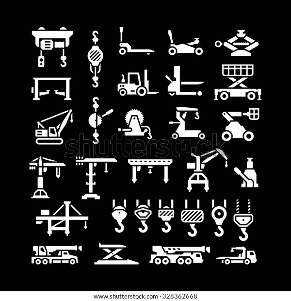 Set icons of lifting equipments, cranes, winches\
and hooks isolated on\
black