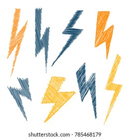 A Set Of Icons Of Lightning Blue And Yellow. Zipper Zigzag Hand Drawing. Imitation Of A Pencil Drawing. Negligent Lines