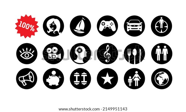 Set of icons,\
material values and consumer goods. Dreams, lifestyles and hobbies.\
The card of the desires of a man. Silhouette flat style. Signs and\
symbols for design.