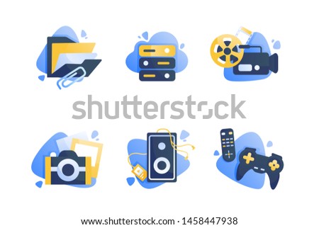 Set icons with multimedia, folder, camera, cinema, remote controller, joystick. Concept collection modern symbols for entertainment, internet, ad, web Pixel perfect illustration