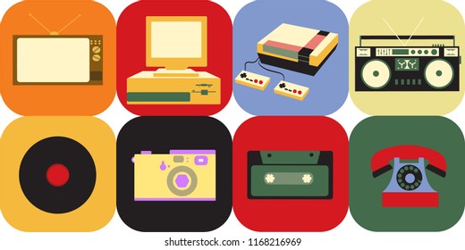 A set of icons of old vintage retro electronics, a kinescope TV, a cassette tape recorder, a vinyl record, a computer, a game console, a telephone, a photoapat from the 70s, 80s, and 90s.