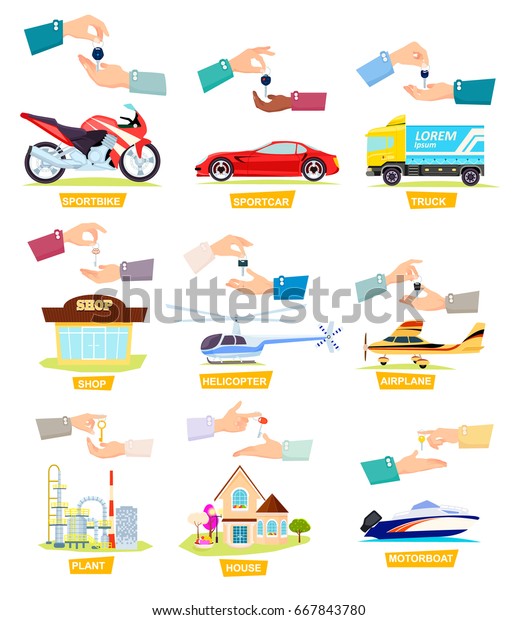 Set of icons with selling, buying cars, houses.\
Ilustrations showing passing keys to other hands. Sportbike. Sports\
Car. Truck. Shop. Helicopter. Airplane. Plant. House. Motorboat.\
Cartoon style. 