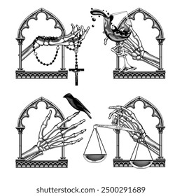 A set of icons of skeleton hands in a gothic window frame holding rosary beads with a cross, a glass of splashing wine, a sitting bird and an old scales. Vector illustration in engraving style - Powered by Shutterstock