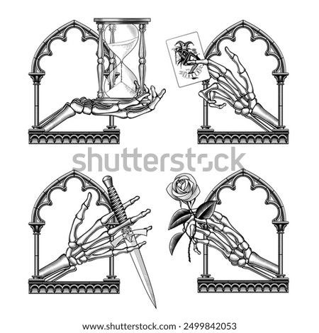 A set of icons of skeleton hands in a gothic window frame with a hourglass, a Joker playing card, a rose flower and an old dagger. Illustration in vintage engraving style