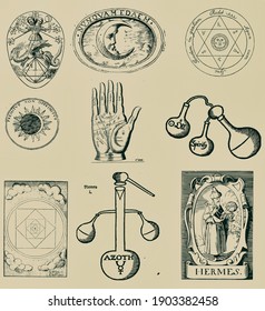 Set of icons and symbols based on magic, alchemist, occultism, alchemy, witchcraft and ancient rituals