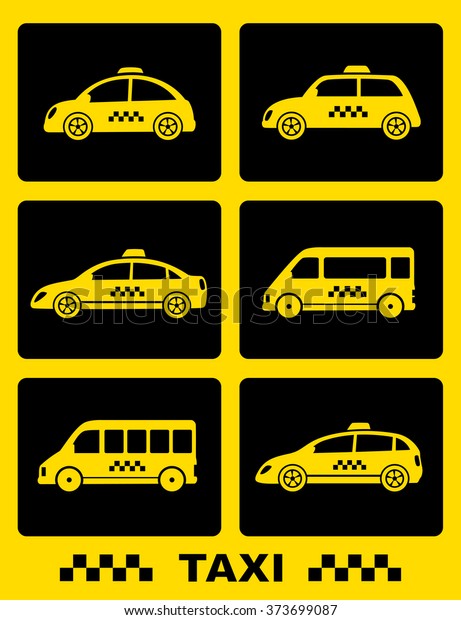 set icons with taxi car on black buttons on\
yellow background
