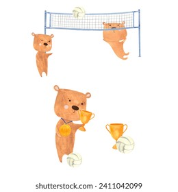 set illustration of bears volleyball players, cubs with a volleyball ball and a net for playing volleyball, animal athletes drawn in watercolor. - Powered by Shutterstock