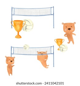 set illustration of bears volleyball players, cubs with a volleyball ball and a net for playing volleyball, animal athletes drawn in watercolor. - Powered by Shutterstock