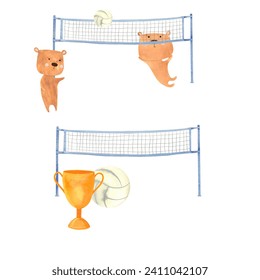 set illustration of bears volleyball players, cubs with a volleyball ball and a net for playing volleyball, animal athletes drawn in watercolor. - Powered by Shutterstock