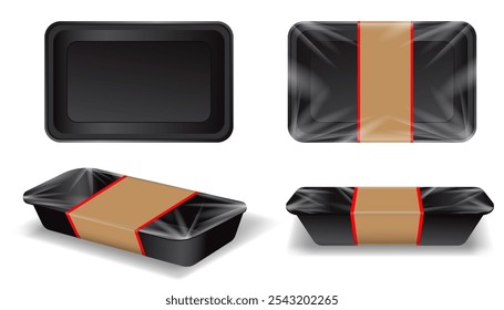 Set Illustration of Black Plastic Tray with Brown Paper Band and Transparent Film Wrap for Frozen Meat Products - Powered by Shutterstock