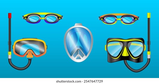 Set illustration of diving and swimming masks and goggles against a blue underwater background. The image includes snorkel masks, full-face diving masks, and swimming goggles, highlighting their sleek - Powered by Shutterstock