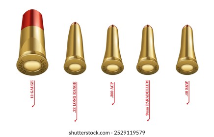 Set illustration of five different types of ammunition. From left to right: 12-gauge shotgun shell, .22 Long Range rifle cartridge, .380 ACP pistol cartridge, 9mm Parabellum, and .40 SW.
