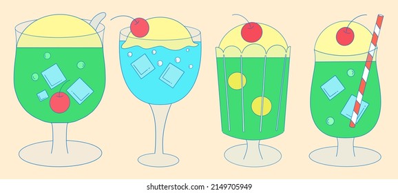 Set Of Illustration Japanese Cream Soda Drink In Glass Collection. Summer Beverage Refreshment Cafe Concept.