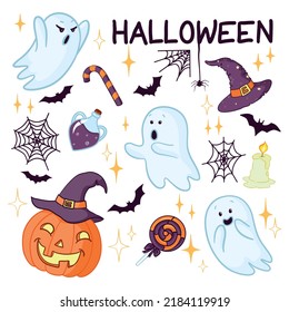 Set Illustration Of Quirky Fun Retro Halloween Trick Or Treat Design Elements, Such As Pumpkins And More. Perfect For Invitations, Children's Design And Packaging.