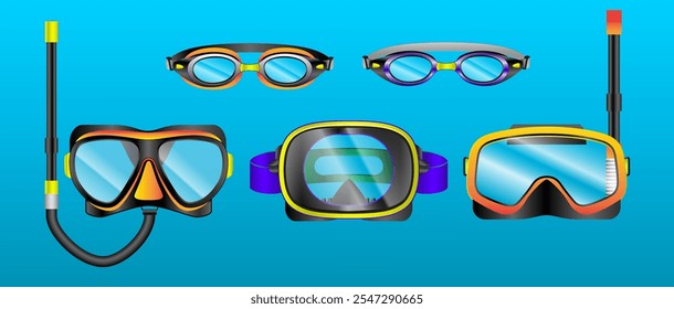 Set illustration of swimming and diving equipment, including snorkeling masks, goggles, and snorkels. The vibrant design features a modern aesthetic and emphasizes underwater exploration gear against - Powered by Shutterstock