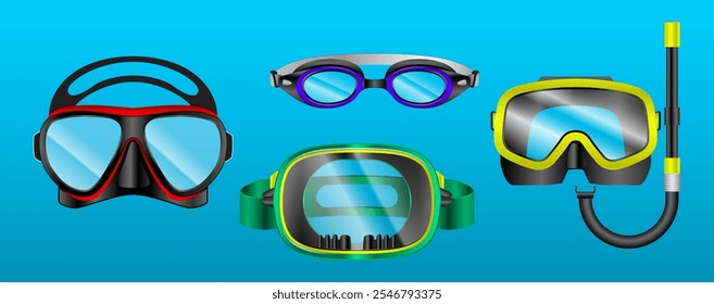 Set illustration of various diving and snorkeling masks, featuring different styles and designs. The image includes goggles and snorkels against a bright blue background, ideal for use in underwater - Powered by Shutterstock