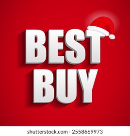 Set illustration of vibrant red Christmas-themed banner featuring the words "BEST BUY" in bold white letters, accented with a festive Santa hat, ideal for promotions and holiday discounts. - Powered by Shutterstock