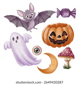 Set of illustrations of a bat, ghost, pumpkin with a carved face, eyeball, candy, moon and mushroom. The work is done in watercolor style. Cozy autumn Halloween set.