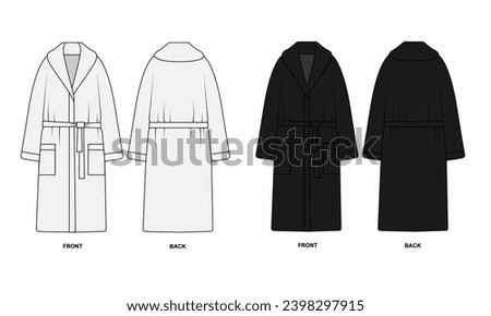 Set of illustrations of bathrobes isolate on a white background. Outline sketch of a robe front and back view. Bathrobes template in white and black colors.