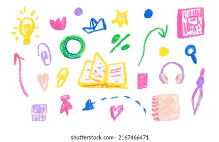 Set of illustrations for the day of knowledge drawn with wax crayons. A collection of children's images in doodle style with oil pastels. Designs for stickers, posters, postcards. - Powered by Shutterstock