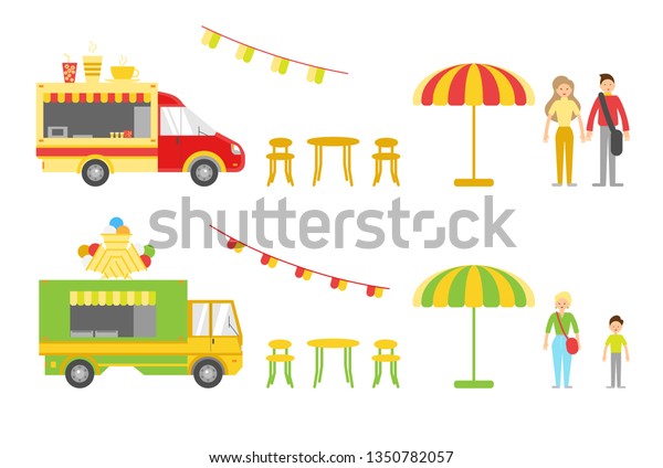 Set illustrations of food trucks isolated on white\
background. Flat style. Good for advertisement, banners, posters\
and cards.