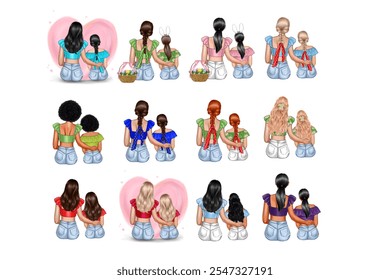 A set of illustrations of a mother and daughter. Cute pictures are perfect for a Mother's Day card. - Powered by Shutterstock