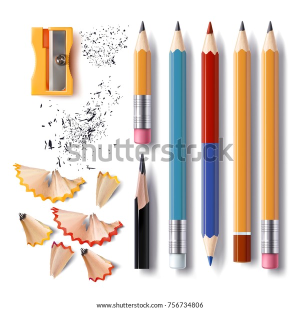 ゴムを使い ゴムを使わずに長さの異なる写実的な鉛筆を削ったイラストのセット シャープペン 鉛筆の削り目 白い背景に黒鉛 のイラスト素材