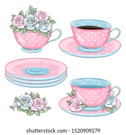 Set of illustrations of teapot with cups on a white background with flowers roses. Tea ceremony. Tea drink. Card with a recipe in the cookbook. - Shutterstock ID 1520909279