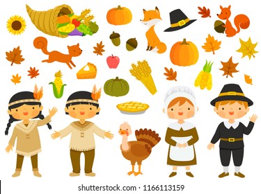 Set Illustrations Thanksgiving Characters Holiday Symbols Stock ...