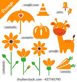 Set Of Images As Examples Of Orange Color, For Kids, Educational Purposes, Illustrations, Page Of Color Book, Pumpkin, Giraffe, Umbrella, Pins, Traffic Cone, Carrots, Calendula, Flower