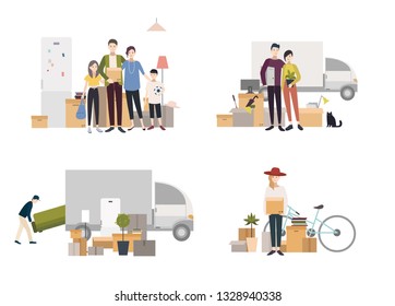 Set of images in flat style. People moving into a new house with things. - Powered by Shutterstock