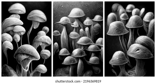 Set Of Images Of Monochrome Mushrooms. A Series Of Three Paintings In The Same Style. 3d Rendering