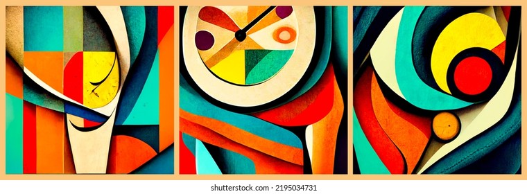 A Set Of Images Painting In The Style Of Picasso On The Theme Of Clock And Time. 3d Rendering