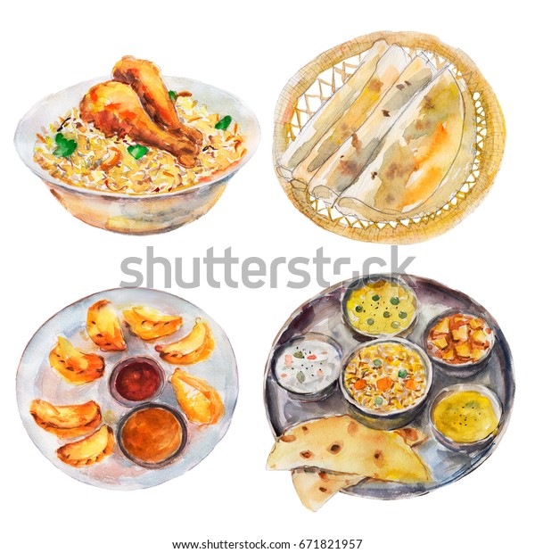 Set Indian Nepali Food Watercolor Illustration Stock Illustration 671821957