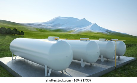 Set Of Industrial Large Gas Tanks, Mountain Landscape - 3d Illustration